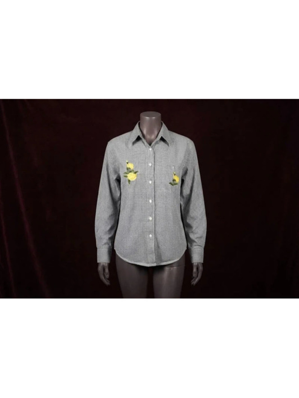 Vintage Las Olas Black & White Gingham Yellow Rose Button Down Shirt S